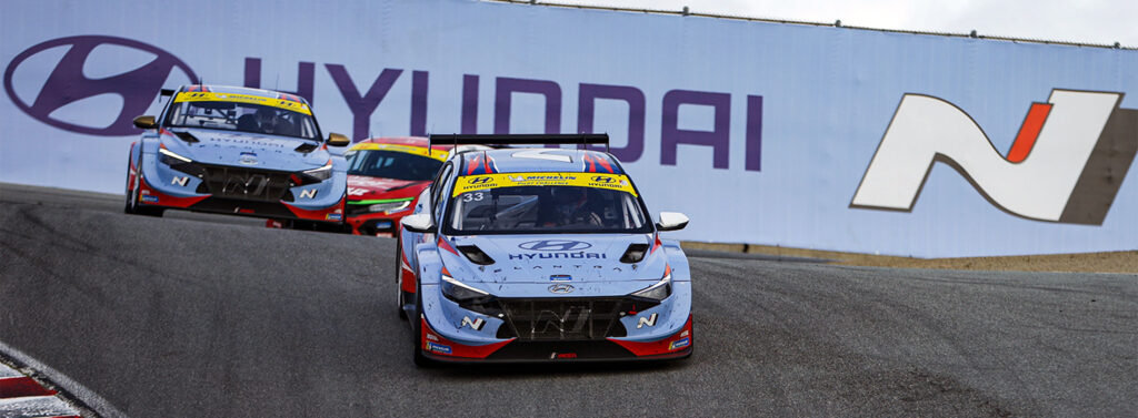 Hyundai "N" Model race cars drive down famous Laguna Seca corkscrew