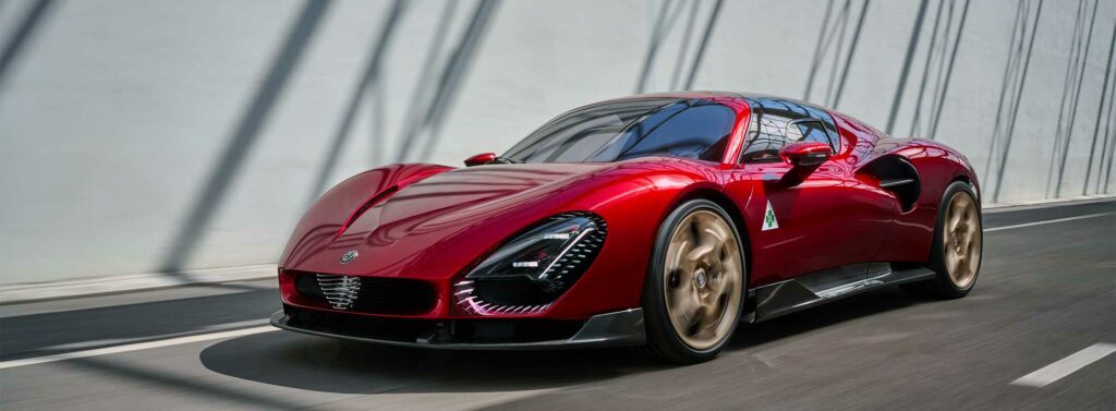 Alfa Romeo 33 Stradale on the road in blazing red colour.