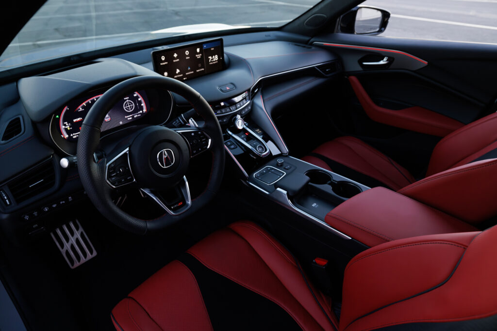 Image showcasing interior and red seats of 2024 Acura TLX Type S in grey