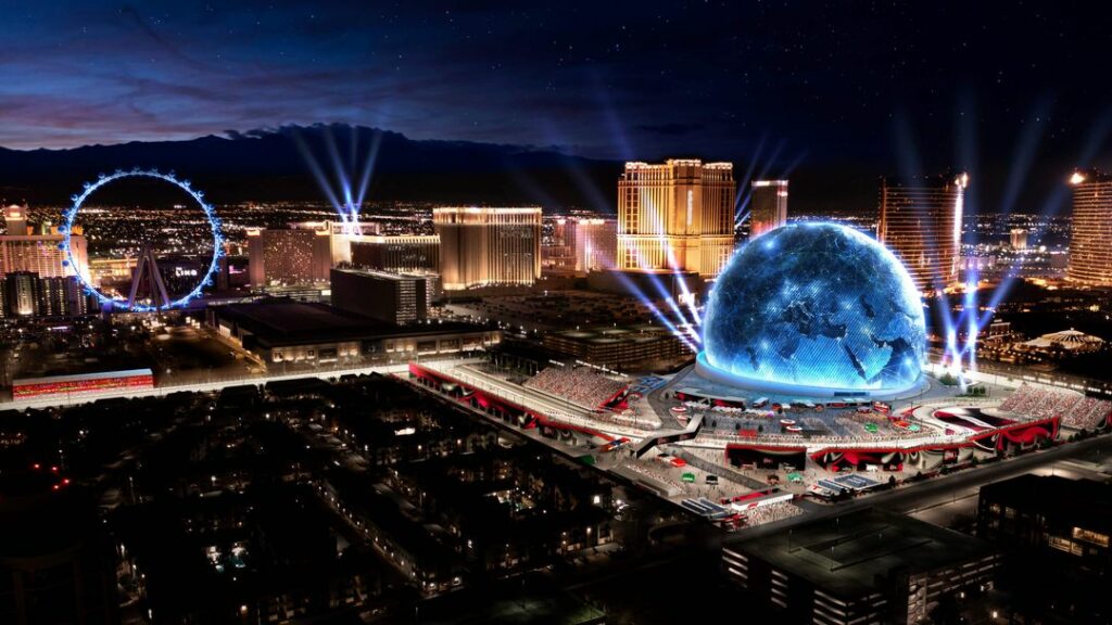 Image showcasing rendering of 2023 Formula 1 Heineken Silver Las Vegas Grand Prix T-Mobile Zone at Sphere