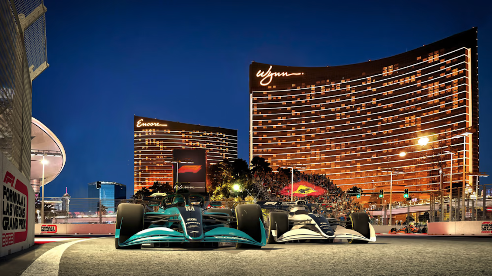 Image showcasing rendering of 2023 Formula 1 Heineken Silver Las Vegas Grand Prix Wynn Encore Hotel
