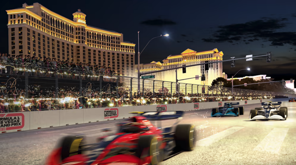 Image showcasing rendering of 2023 Formula 1 Heineken Silver Las Vegas Grand Prix in front of Bellagio hotel