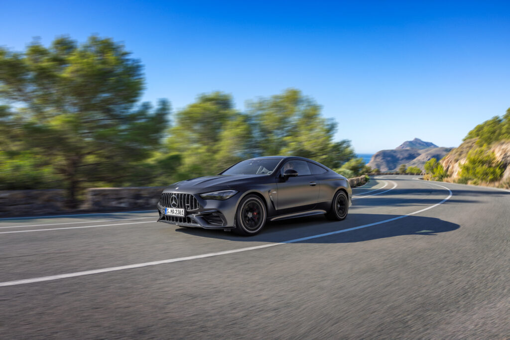 Image showcasing front driver quarter profile of the new The Mercedes-AMG CLE Coupe
