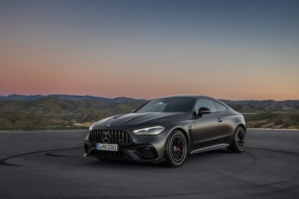 Image showcasing driver front quarter profile of the new The Mercedes-AMG CLE Coupe