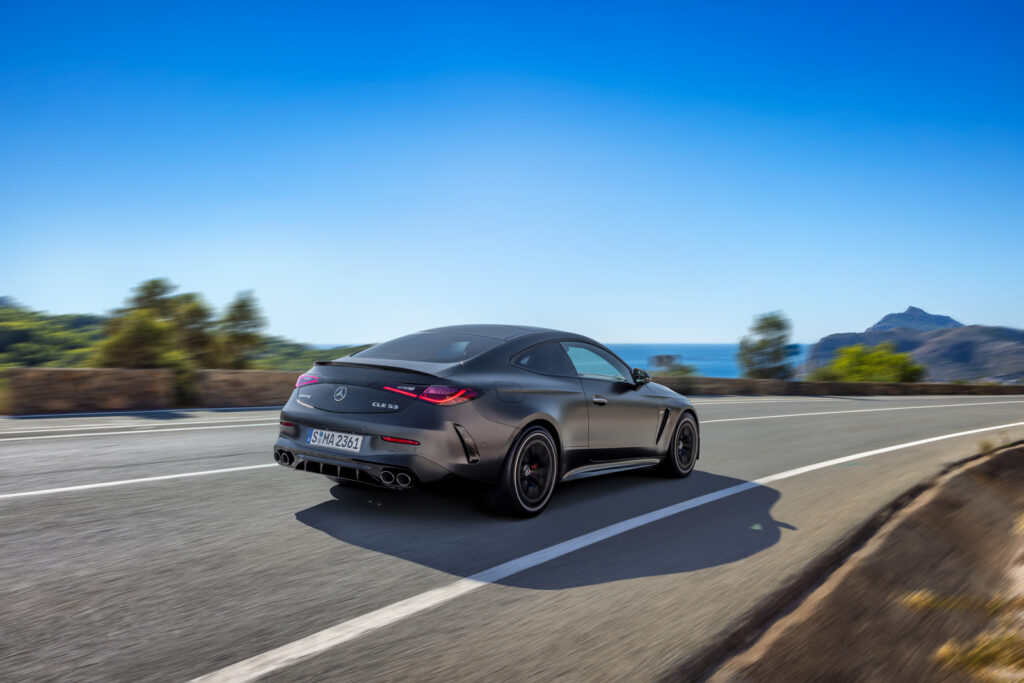 Image showcasing rear passenger quarter profile of the new The Mercedes-AMG CLE Coupe