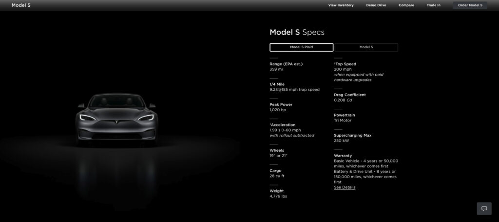 Image showcasing Tesla Model S Plaid range reduction by EPA from 396 miles (637 kilometers) to 359 miles (578 kilometers)