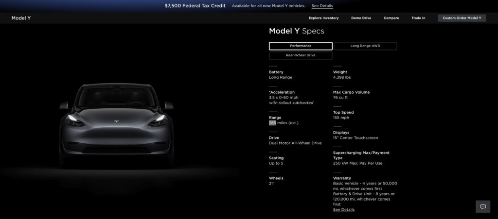 Image showcasing Tesla Model Y Performance range reduction by EPA from 303 miles (487 kilometers) to 285 miles (459 kilometers).