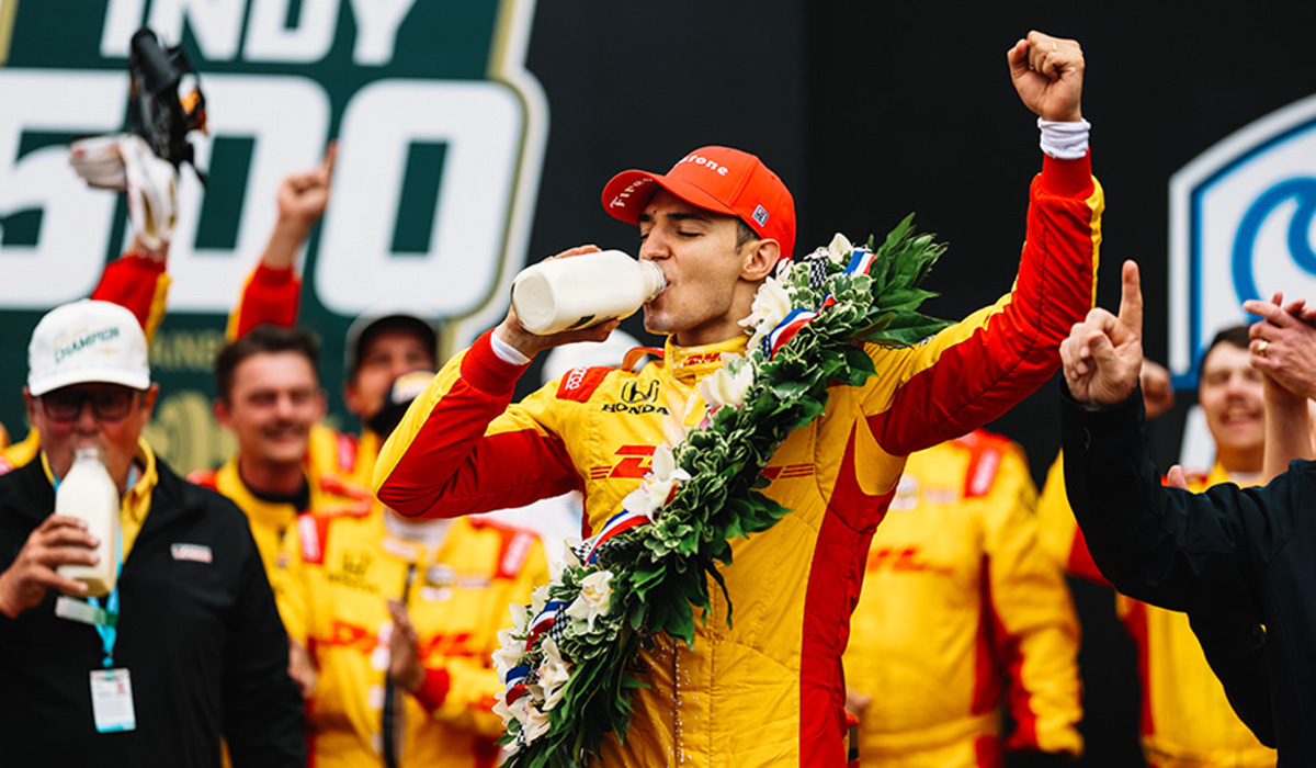 Alex-Palou-Drinks-Winning-Milk-at-2025-Indy-500